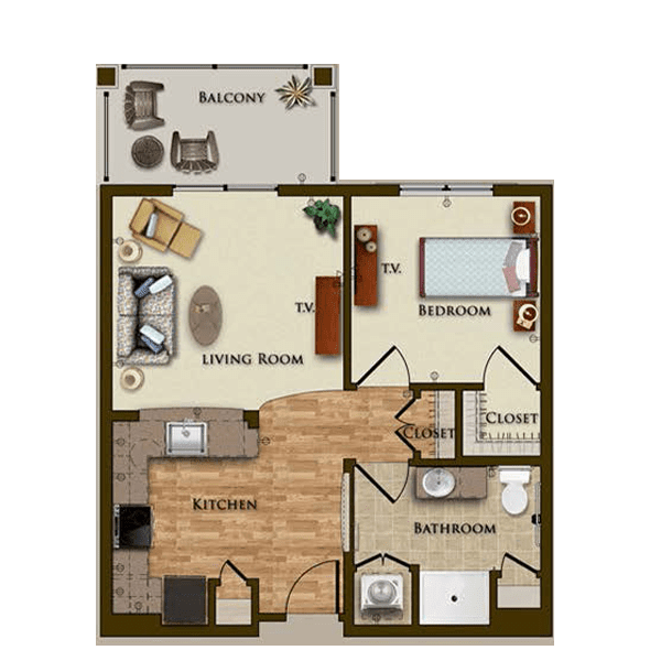 A detailed floor plan of a one-bedroom apartment featuring a living room, kitchen, bathroom, and balcony.