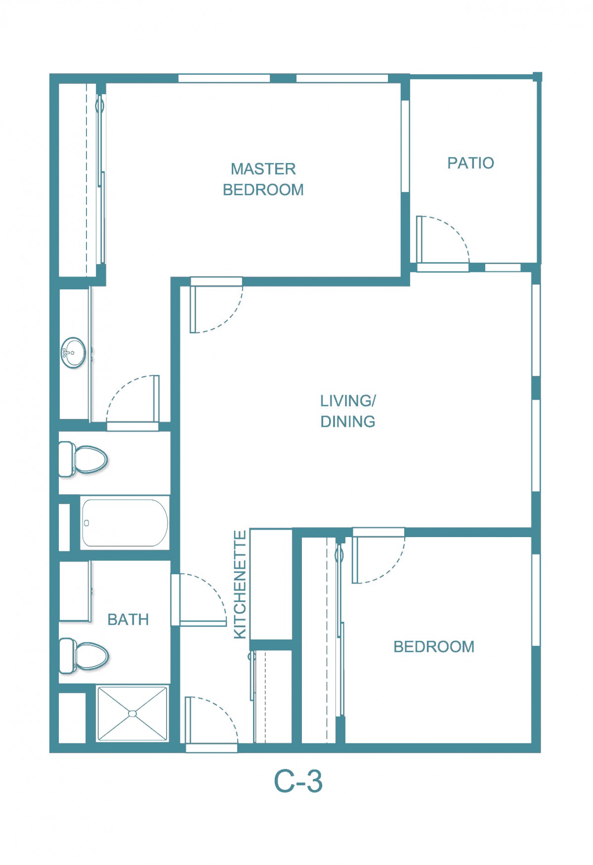 A floor plan of a two-bedroom apartment featuring a living and dining area, kitchen, bathroom, and patio.