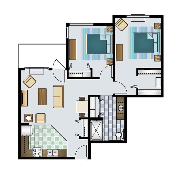 A floor plan of a two-bedroom apartment featuring a kitchen, living room, and bathroom.