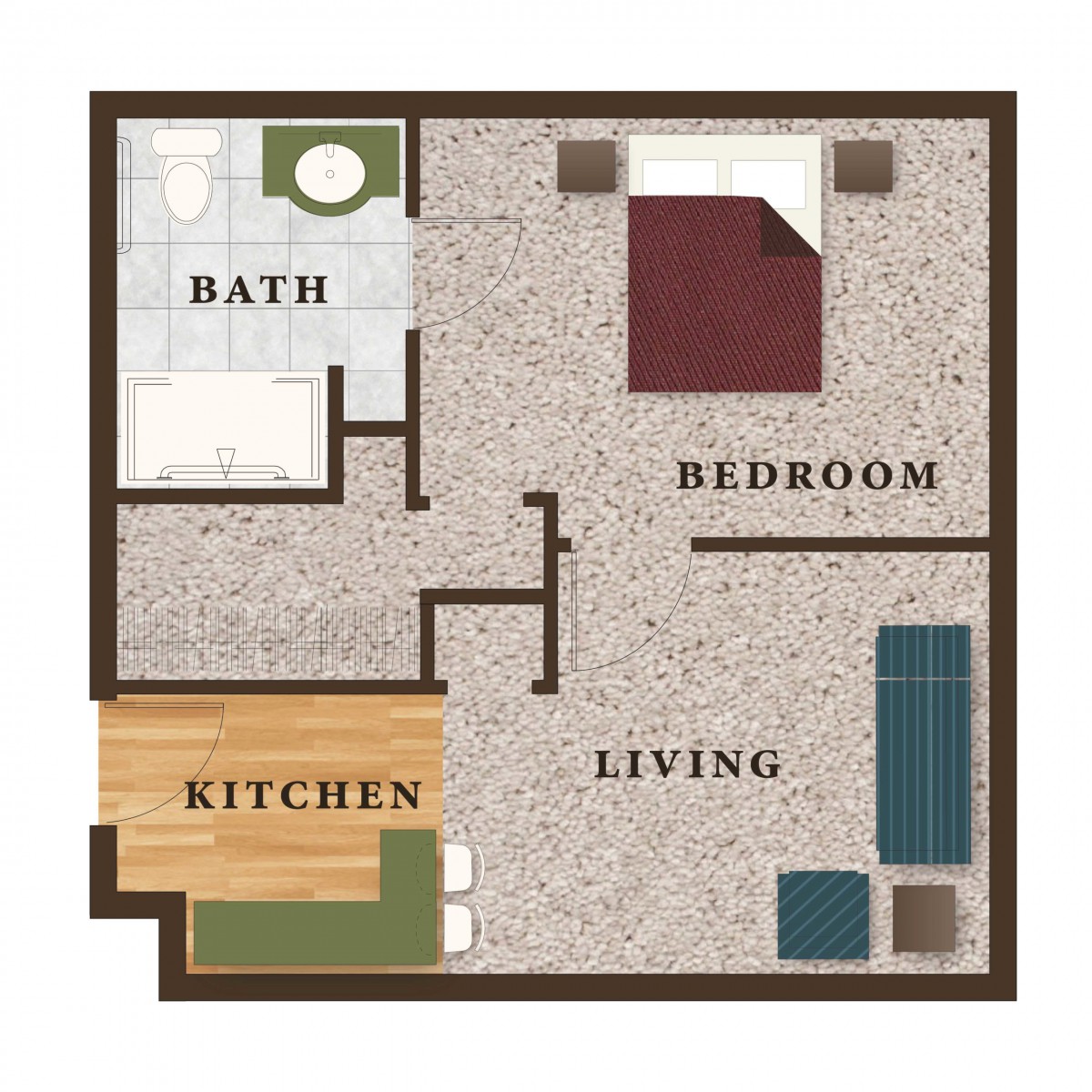 A one-bedroom apartment floor plan featuring a living room, kitchen, and bathroom.
