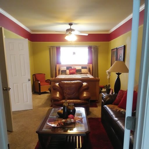 A cozy bedroom with colorful walls, featuring a bed, sofa, and coffee table.