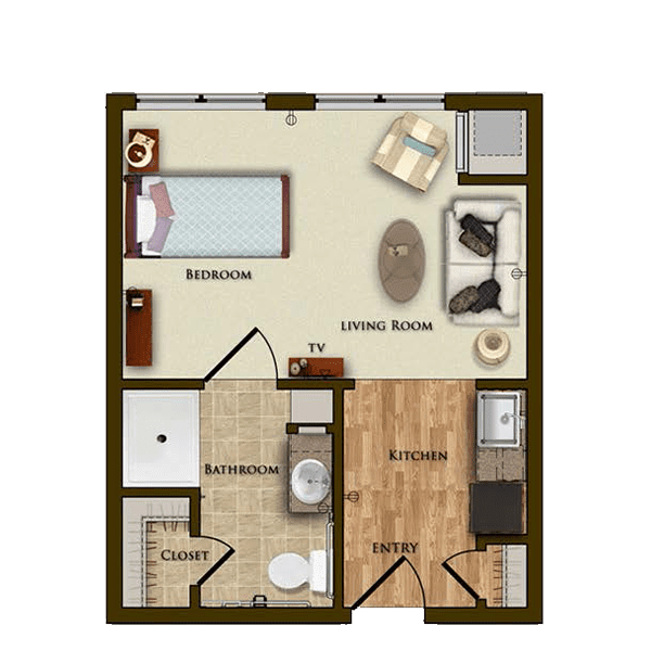A floor plan of a one-bedroom apartment with designated spaces for a living room, bathroom, and kitchen.