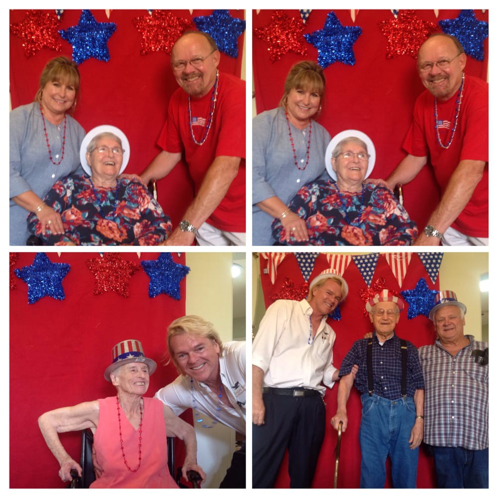 A joyful celebration with family and friends featuring patriotic decorations.