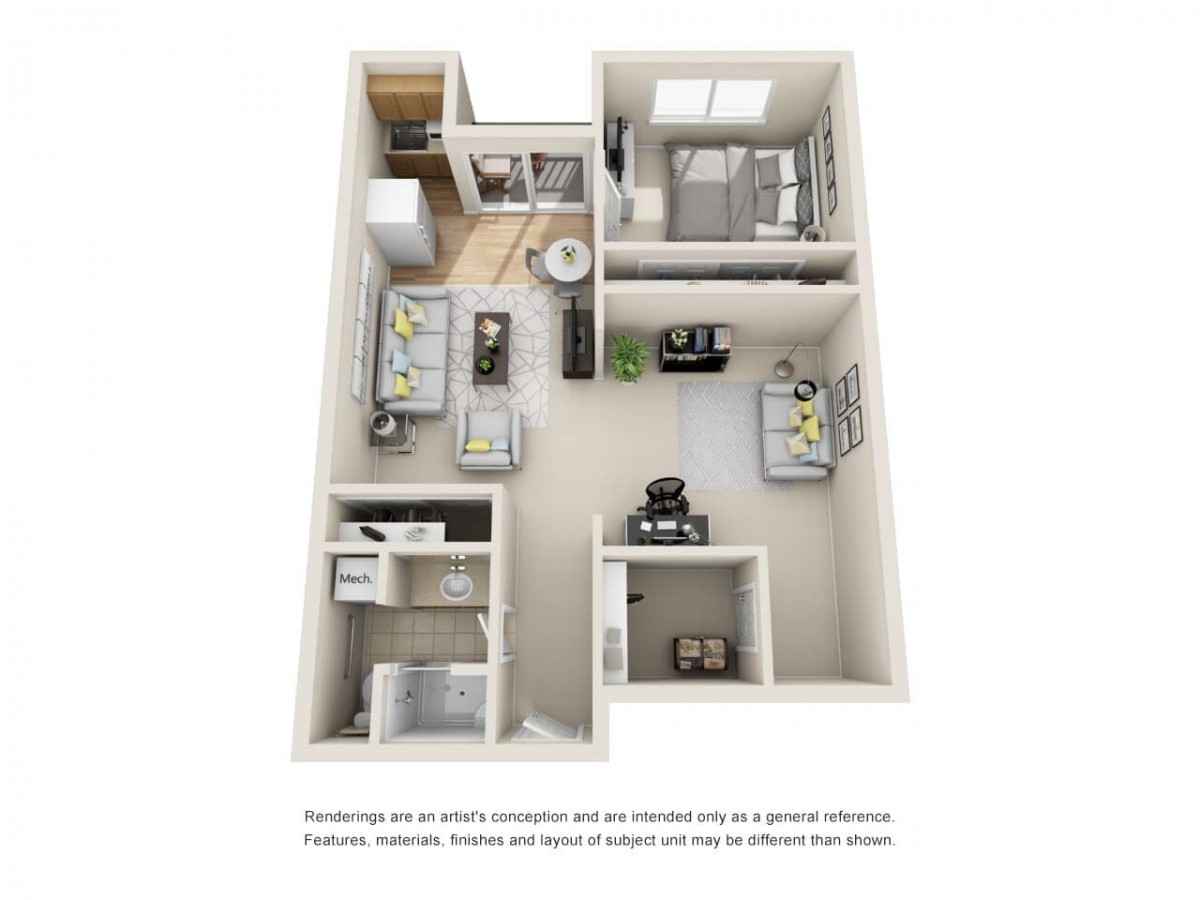 A 3D floor plan of a modern two-bedroom apartment, featuring an open living area, kitchen, and bathrooms.