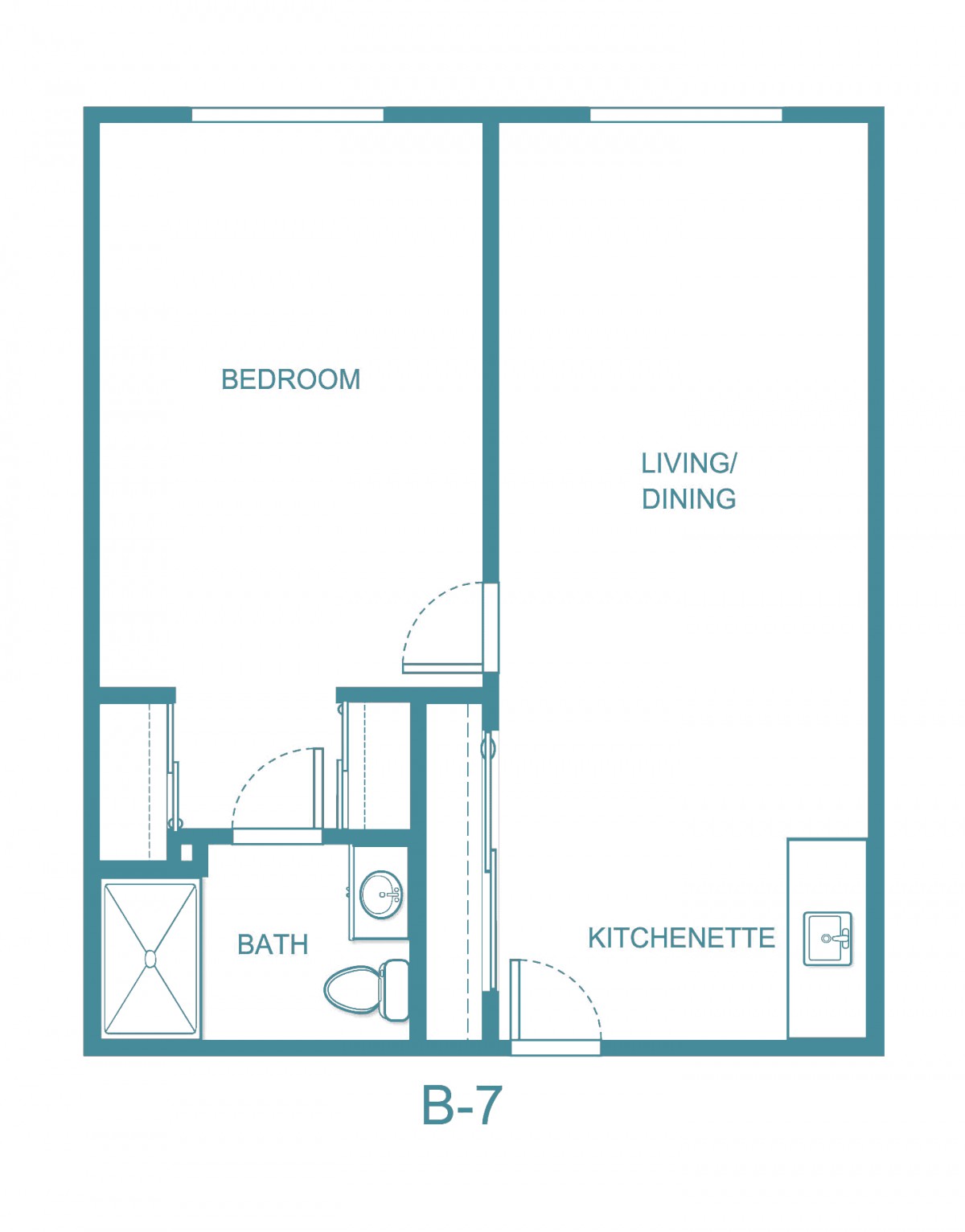 A floor plan image showing a one-bedroom apartment with a living/dining area, kitchenette, and bathroom.