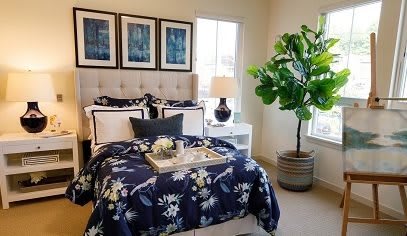A beautifully decorated bedroom with a navy floral bedspread, potted plant, and framed artwork on the walls.