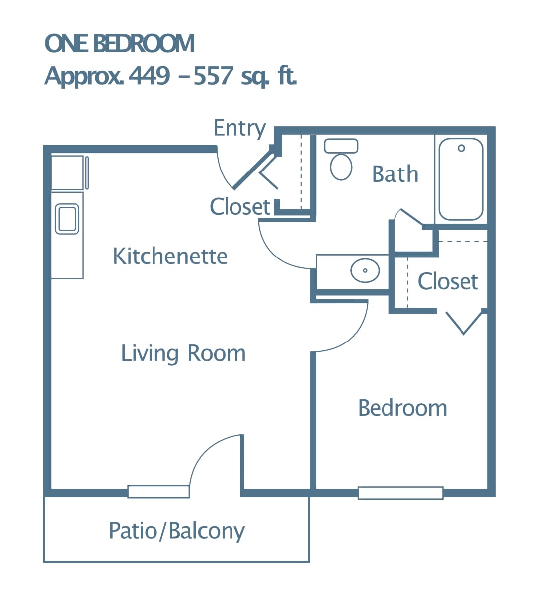 One-bedroom apartment floor plan approximately 449-557 sq. ft.