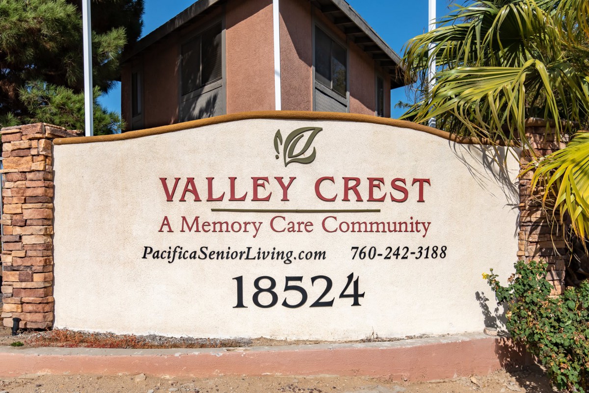 Sign for Valley Crest, a memory care community.