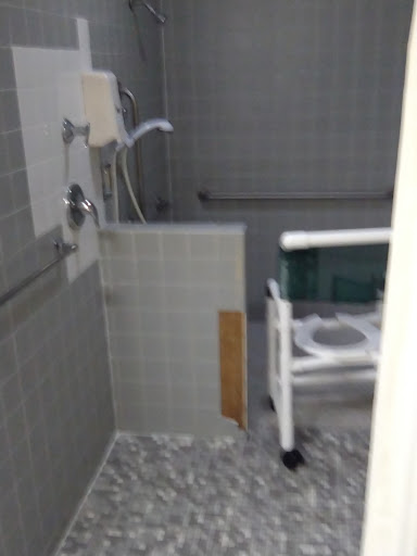 An accessible bathroom with a shower setup designed for mobility assistance.