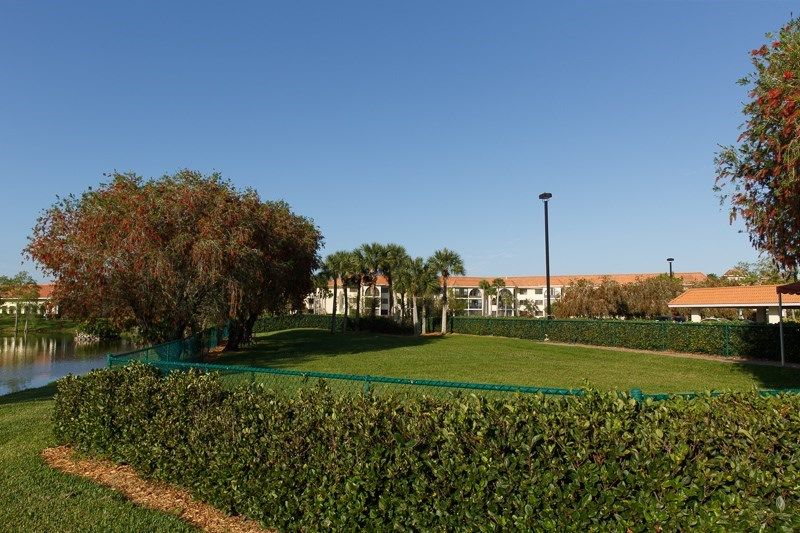 A scenic view of a landscaped area with trees and a building in the background under a clear blue sky.