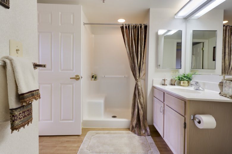 A clean and modern bathroom featuring a shower with a curtain, a sink with cabinets, and a large mirror.