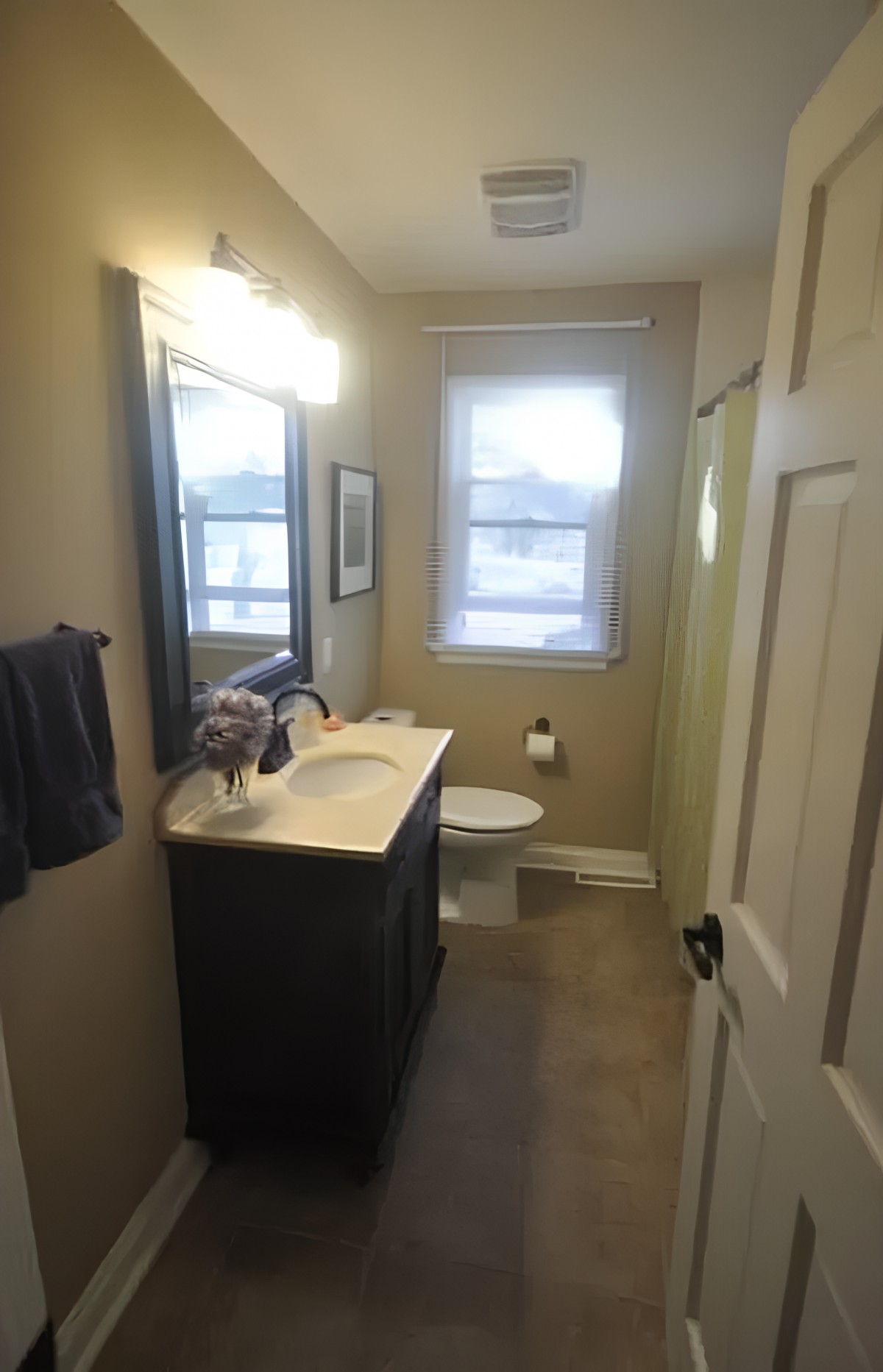 A narrow bathroom with a sink, mirror, toilet, and window.