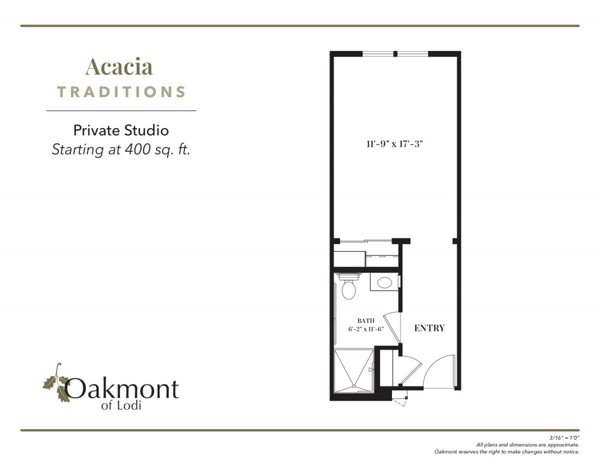 A floor plan for a private studio apartment at Oakmont, measuring approximately 400 sq. ft.