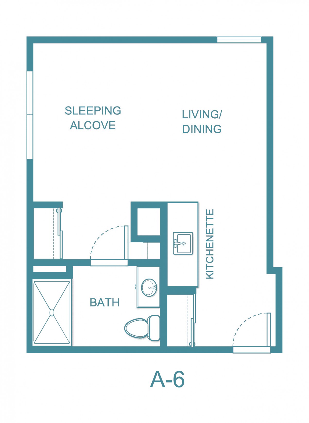 Studio apartment floor plan with a sleeping alcove, living/dining area, kitchen, and bathroom.