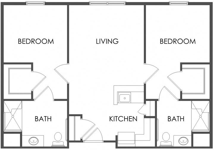 A floor plan of a two-bedroom apartment featuring a living room, kitchen, and two bathrooms.