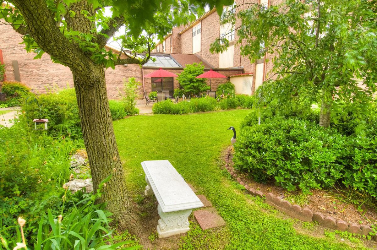A serene garden scene with a white bench under a tree, surrounded by lush greenery and a view of a patio with red umbrellas.
