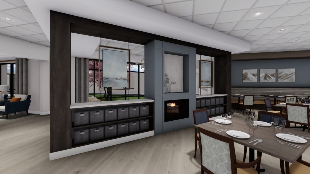 A modern interior dining area with a central fireplace and ample storage.