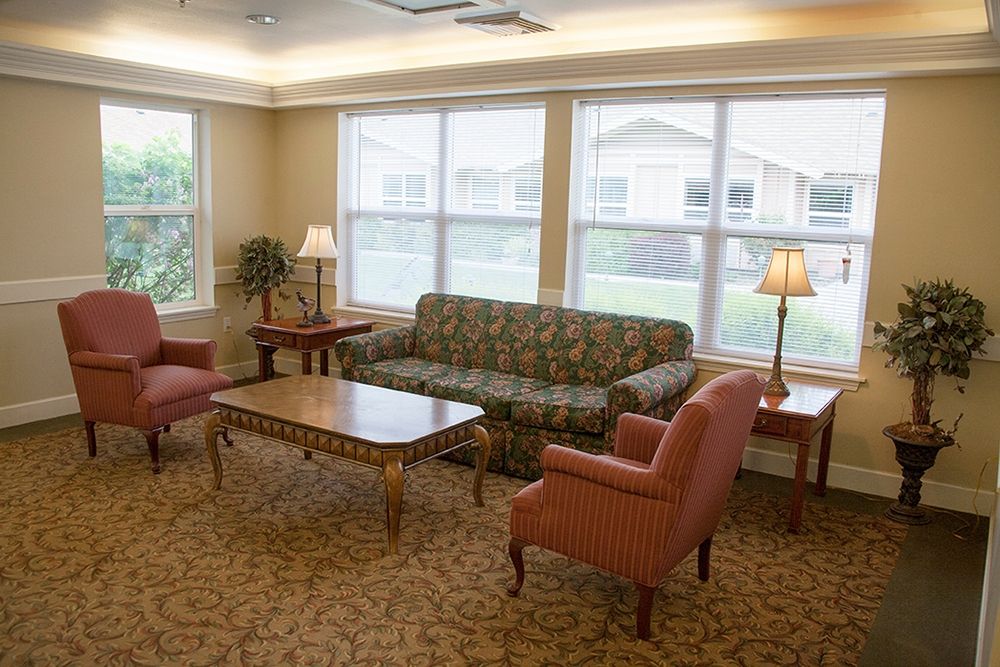 A cozy living room with a sofa, armchairs, and a coffee table, illuminated by natural light from large windows.