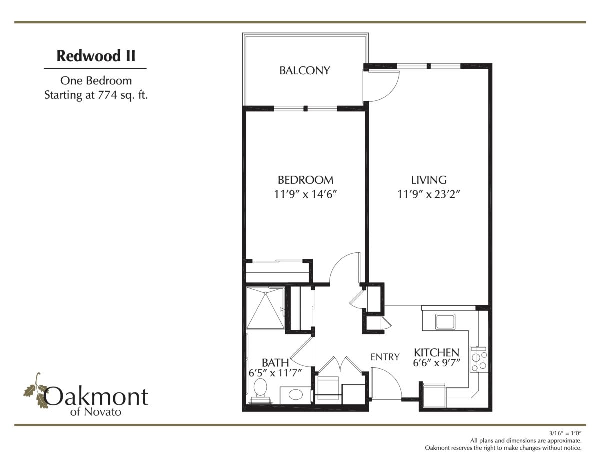 Floor plan of the Redwood II apartment featuring one bedroom and one bathroom, totaling 770 square feet.