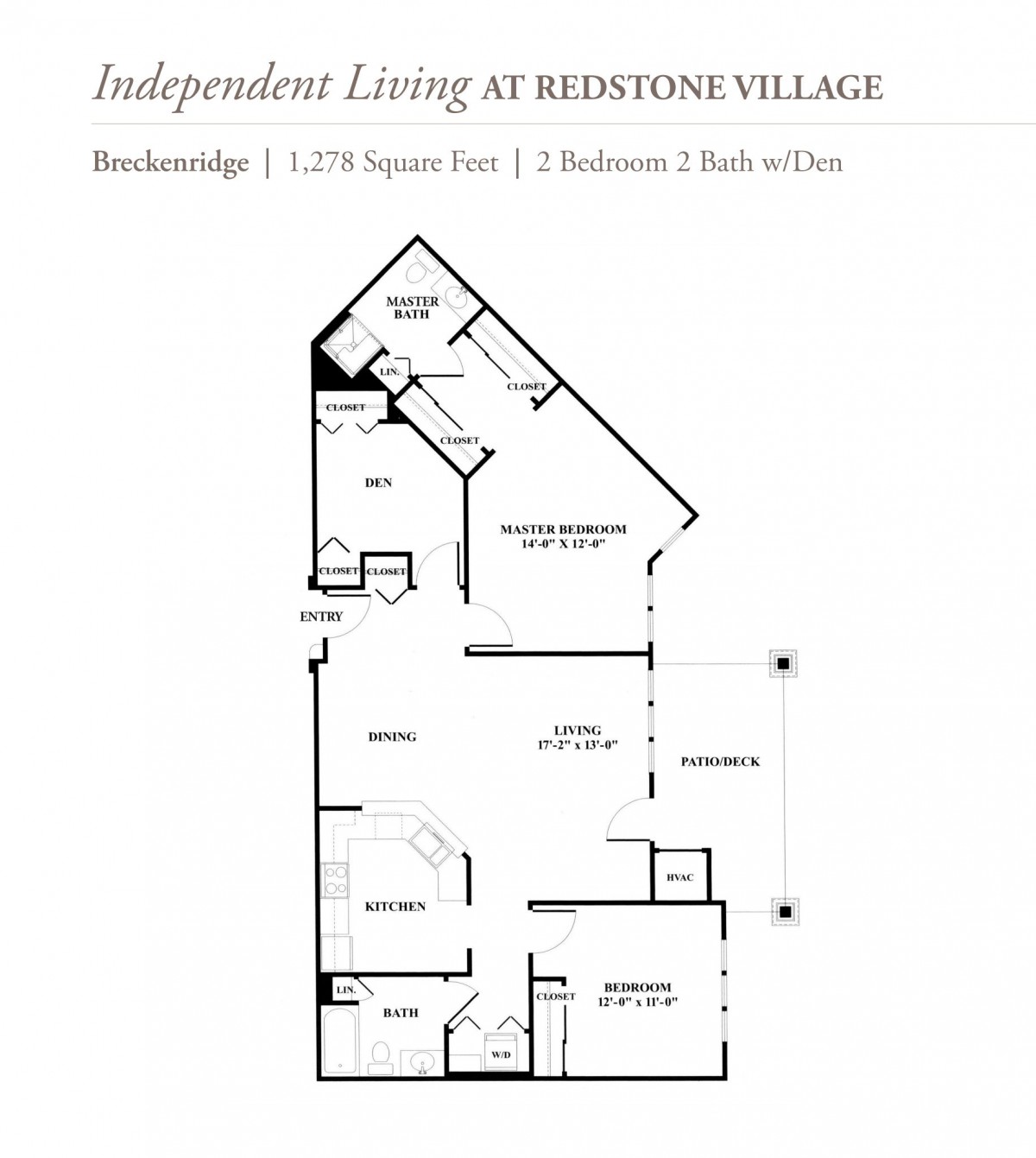 Floor plan of a two-bedroom apartment at Redstone Village Independent Living.