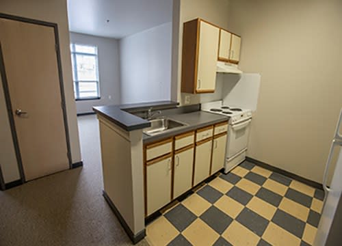 A small apartment kitchen with checkered flooring and simple cabinetry.