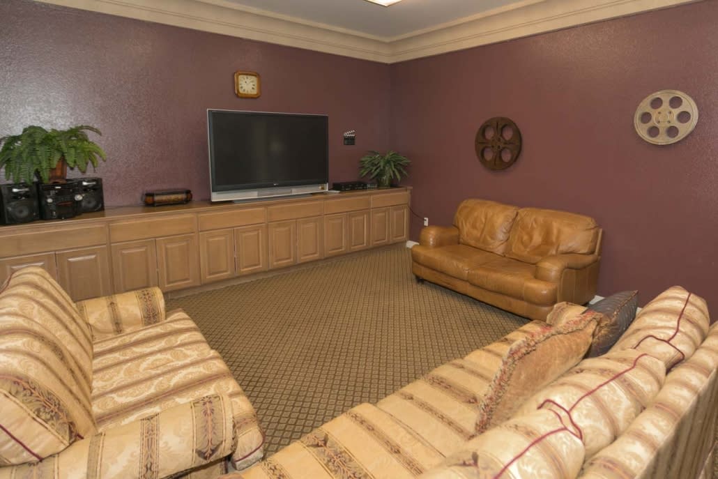 A cozy living room with a large television and leather sofas, featuring warm decor and a carpeted floor.