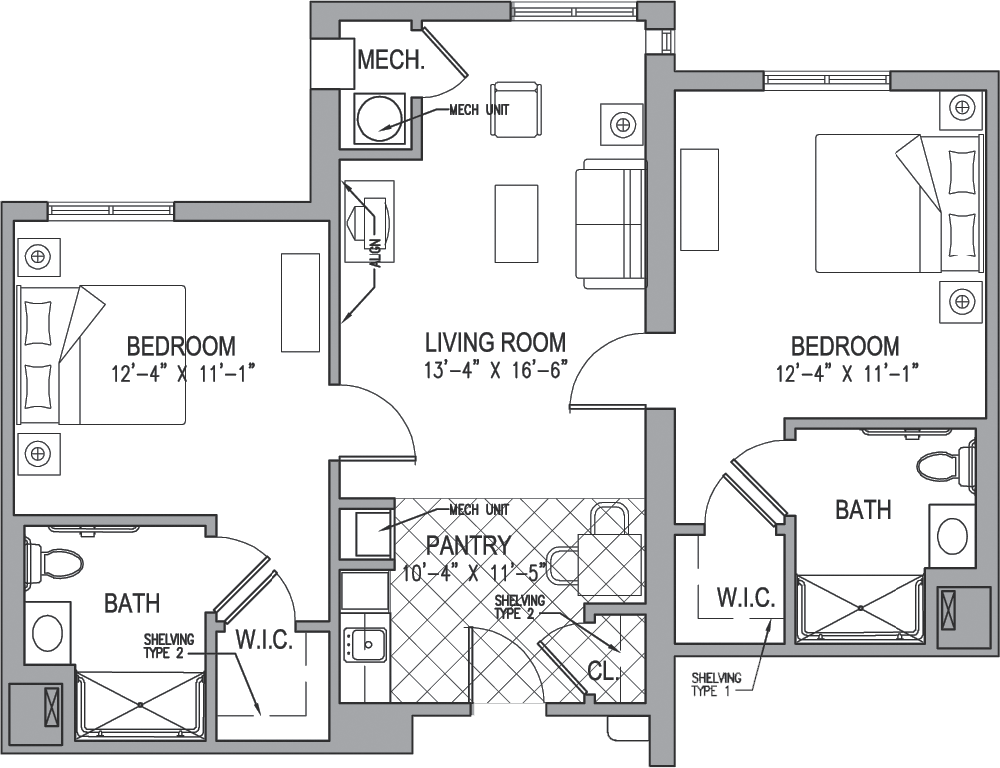 Floor plan of a two-bedroom apartment with living room, kitchen, and bathrooms.