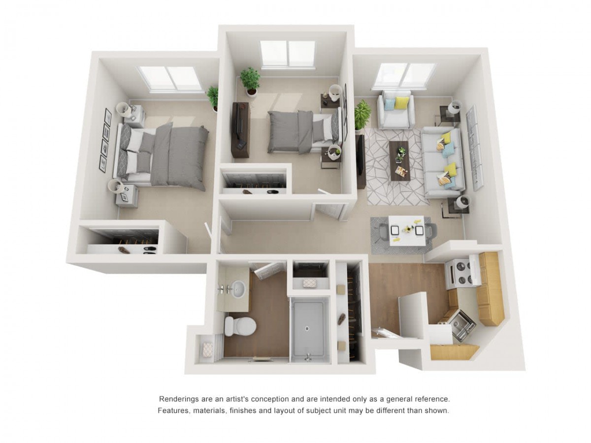 A 3D floor plan showing a two-bedroom apartment with a living room, kitchen, and bathroom.