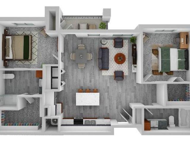 A 3D-rendered floor plan of an apartment showcasing a modern interior layout with furnished rooms.