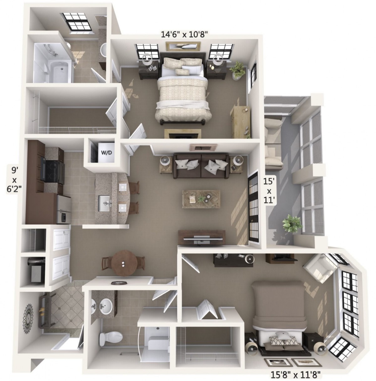 A detailed floor plan of a spacious apartment, featuring two bedrooms, a bathroom, kitchen, and living areas.