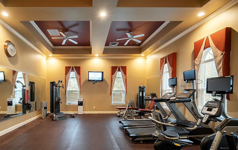 A well-equipped gym with treadmills and exercise machines.