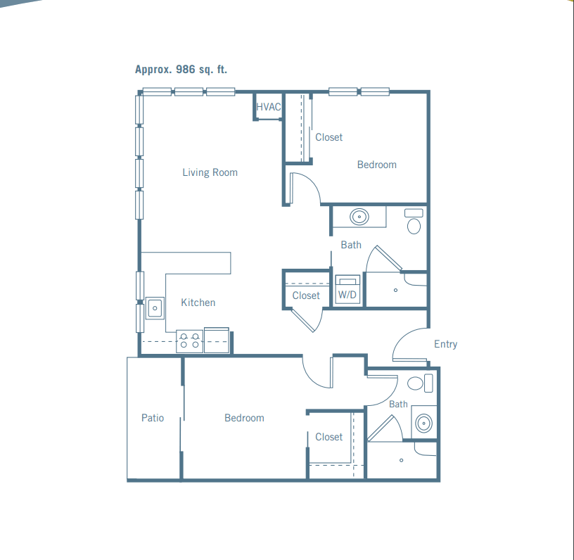 A blueprint of a two-bedroom apartment featuring a living room, kitchen, and two bathrooms.