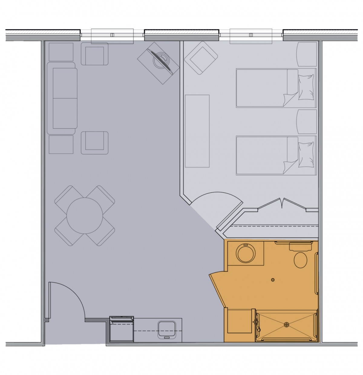 A floor plan of a studio apartment showing a combined living and bedroom area with an adjacent bathroom.