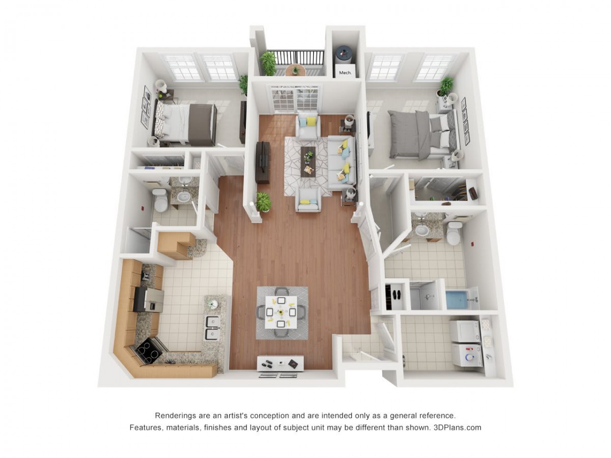 A 3D floor plan of an apartment featuring two bedrooms, a living room, kitchen, and bathroom.