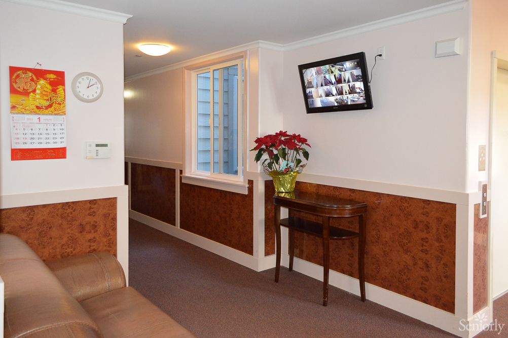 A hallway interior with a small table, plant, wall-mounted television, and window.