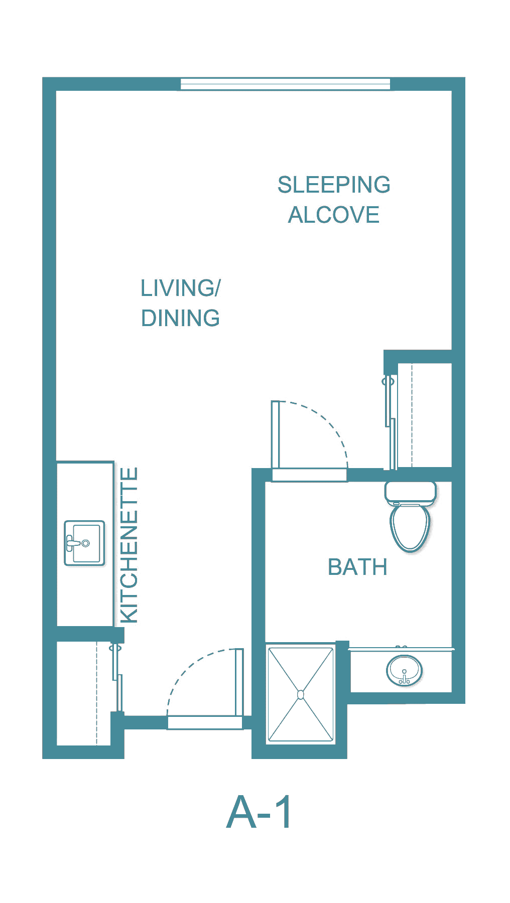 A simple floor plan featuring a living/dining area, kitchenette, alcove, and bath.