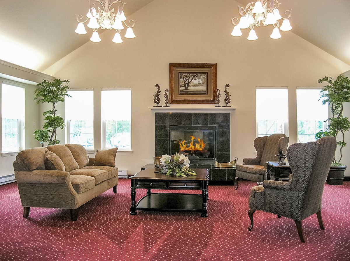 A cozy living room with elegant furniture and a warm fireplace.
