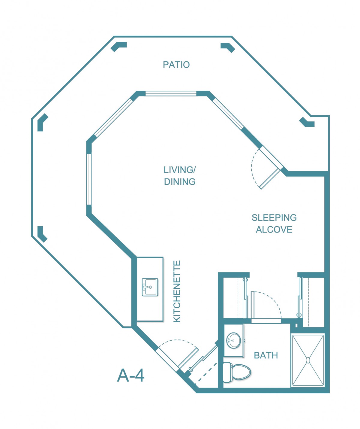 Studio apartment floor plan with patio, living/dining area, sleeping alcove, kitchenette, and bathroom.