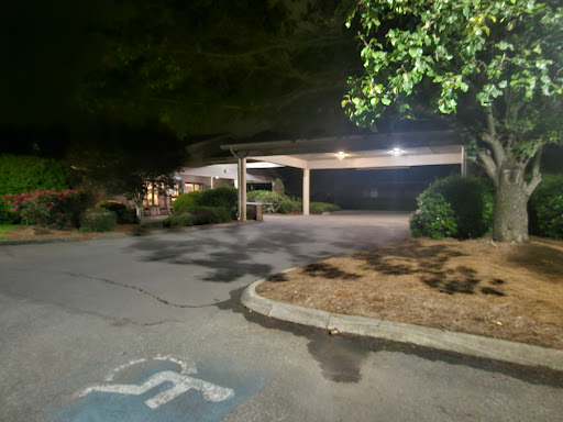 A quiet parking lot at night, illuminated by soft lights amidst greenery.