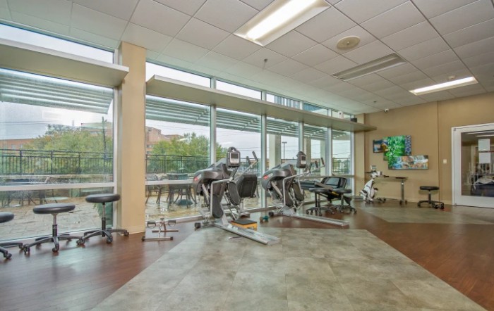 A bright and modern gym with treadmills facing large windows.