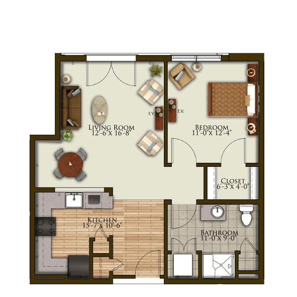 A detailed floor plan of a one-bedroom apartment with designated areas for the living room, kitchen, and bathroom.