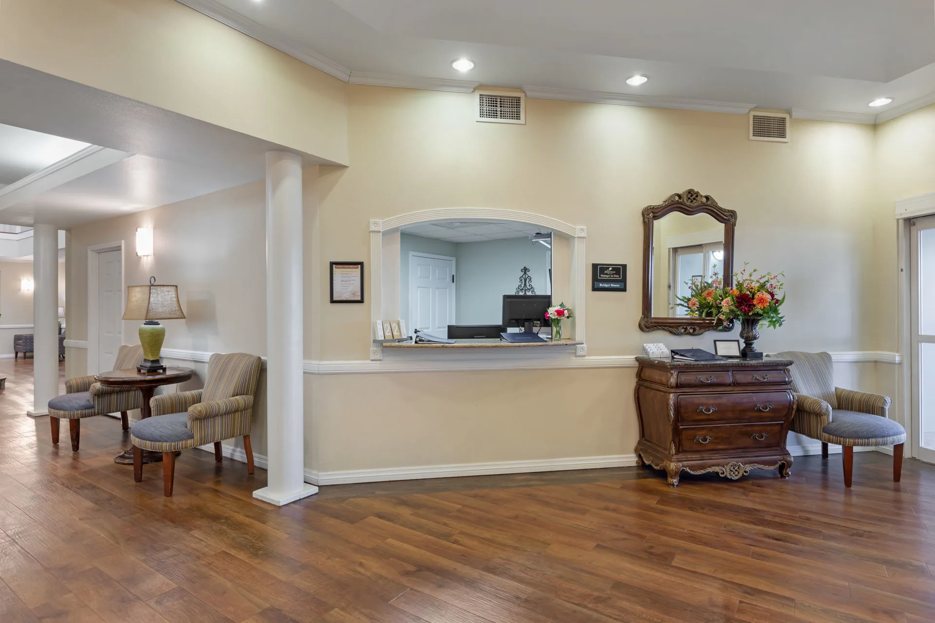 A welcoming reception area with stylish furniture and decor.
