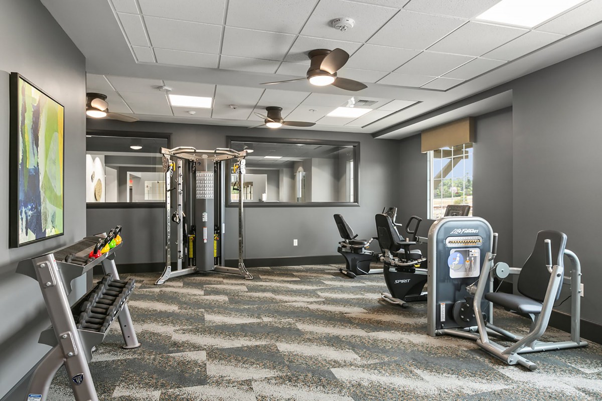 A modern gym equipped with exercise machines and workout space.