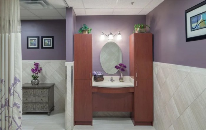 A well-decorated bathroom with purple walls, featuring a central sink and mirror framed by tall cabinets.