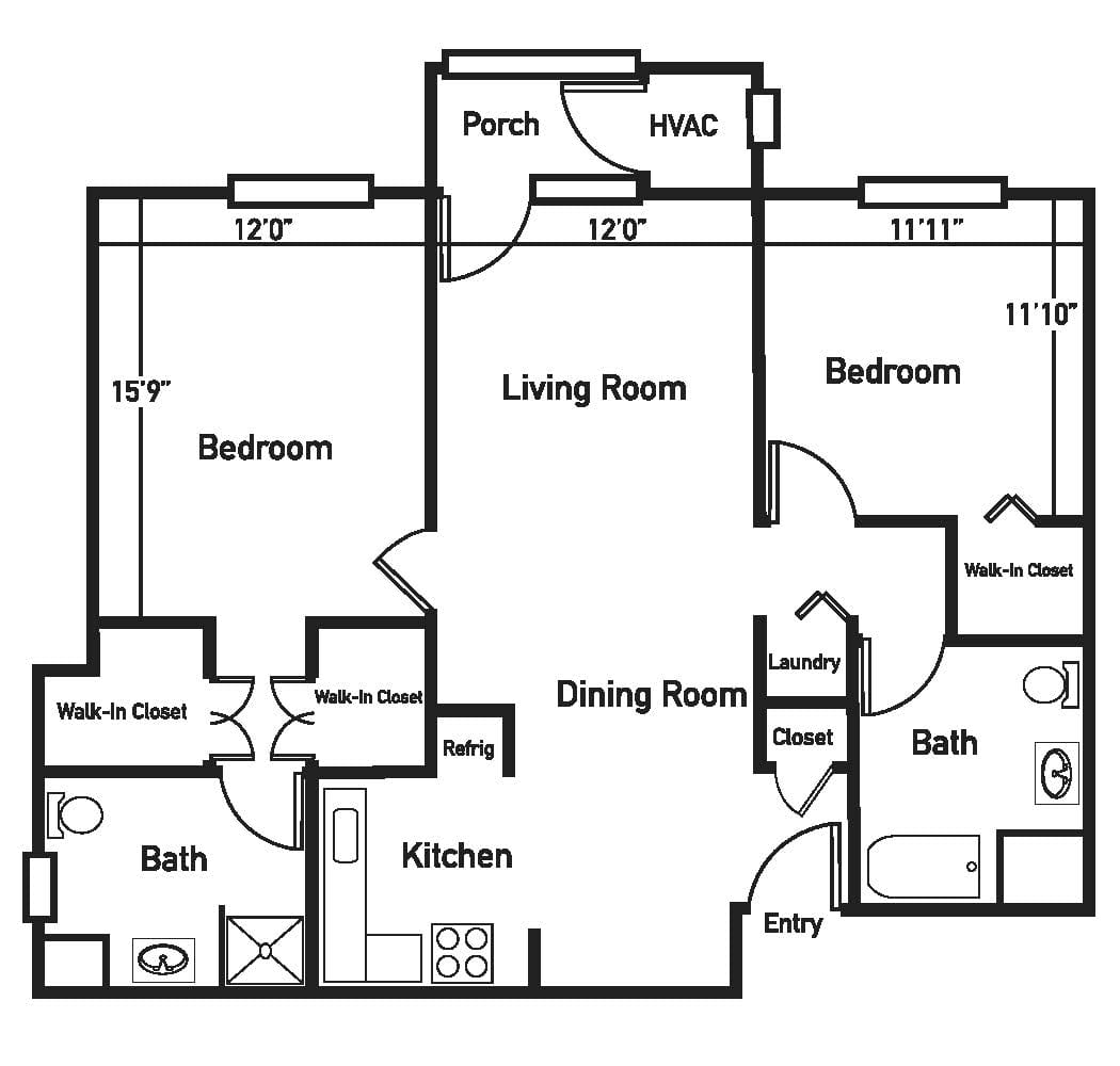 A floor plan showing the layout of an apartment with two bedrooms, two bathrooms, a kitchen, living room, dining room, and porch.