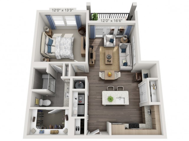 A detailed floor plan of a one-bedroom apartment, featuring a living room, kitchen, bathroom, bedroom, and balcony.