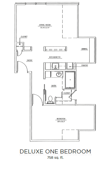 A detailed floor plan of a one-bedroom apartment layout.