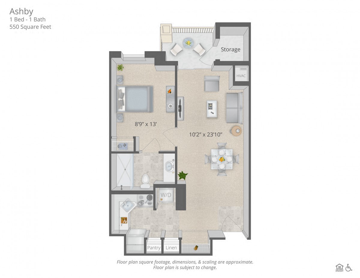A modern one-bedroom apartment floor plan with a kitchen, living room, and bathroom.