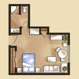 A compact studio apartment floor plan featuring a bedroom, living area, and bathroom.
