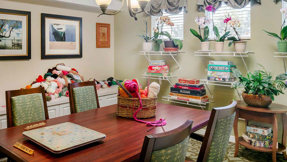 A cozy dining room features a table adorned with knitting and crochet supplies, while nearby shelves hold plants and additional crafting materials.